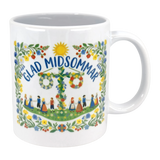 The 11 oz "Glad Midsommar" mug from Swedish Gift Store features colorful florals, dancers in traditional dress around a maypole, and a cheerful sun with “Glad Midsommar” text—perfect for celebrating Swedish summer.