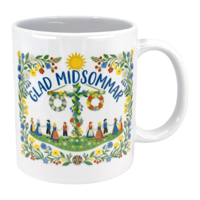 The 11 oz "Glad Midsommar" mug from Swedish Gift Store features colorful florals, dancers in traditional dress around a maypole, and a cheerful sun with “Glad Midsommar” text—perfect for celebrating Swedish summer.