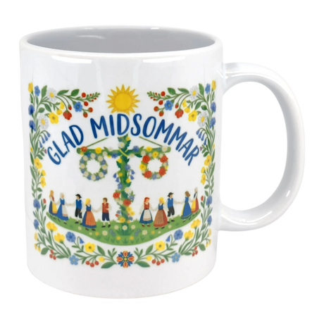 The 11 oz "Glad Midsommar" mug from Swedish Gift Store features colorful florals, dancers in traditional dress around a maypole, and a cheerful sun with “Glad Midsommar” text—perfect for celebrating Swedish summer.