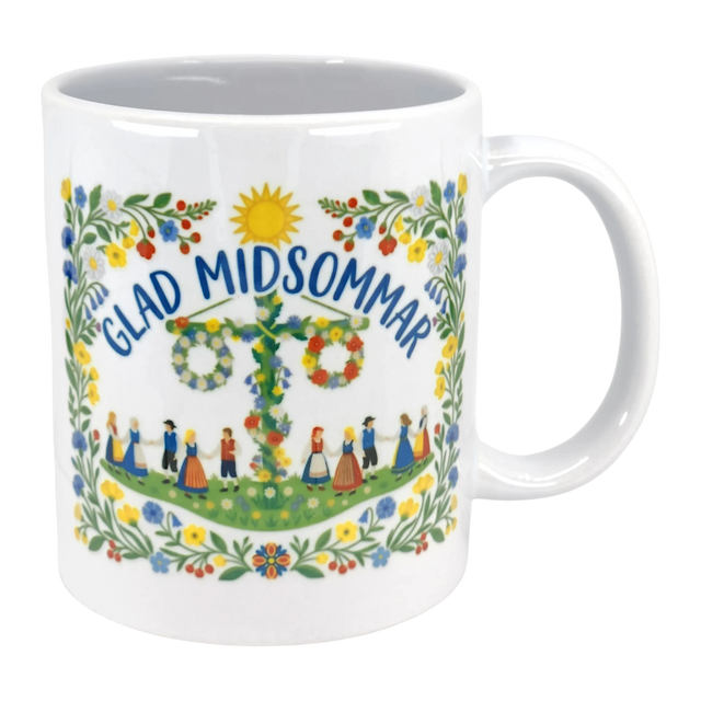 The 11 oz "Glad Midsommar" mug from Swedish Gift Store features colorful florals, dancers in traditional dress around a maypole, and a cheerful sun with “Glad Midsommar” text—perfect for celebrating Swedish summer.