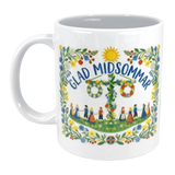 The Swedish Gift Store’s "Glad Midsommar" Midsummer Mug (11 oz) features Scandinavian floral designs, a sun, and dancers around a maypole with “GLAD MIDSOMMAR” above—a festive mug for celebrating Swedish midsummer.