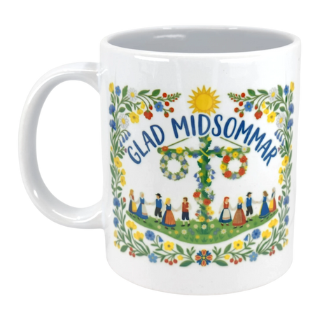 The Swedish Gift Store’s "Glad Midsommar" Midsummer Mug (11 oz) features Scandinavian floral designs, a sun, and dancers around a maypole with “GLAD MIDSOMMAR” above—a festive mug for celebrating Swedish midsummer.