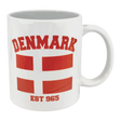Enjoy your coffee in the Swedish Gift Store’s Mug: Established Series Denmark Flag Mug (11 oz), featuring "DENMARK" above the red and white cross and "EST 965" below, honoring rich Scandinavian heritage.