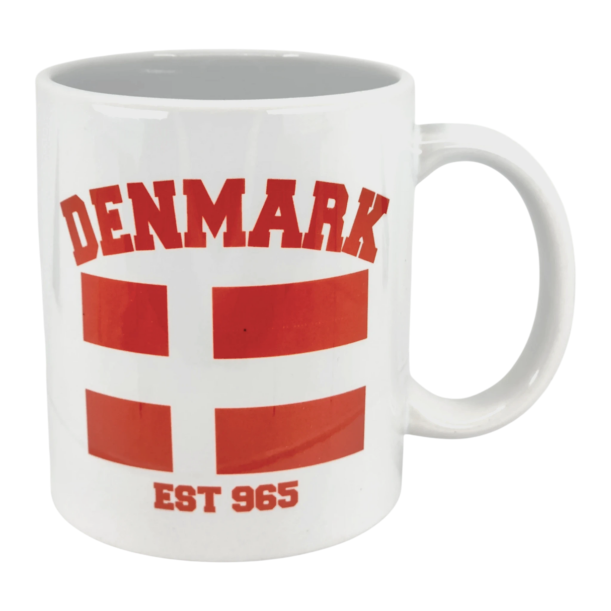 Enjoy your coffee in the Swedish Gift Store’s Mug: Established Series Denmark Flag Mug (11 oz), featuring "DENMARK" above the red and white cross and "EST 965" below, honoring rich Scandinavian heritage.