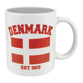 Enjoy your coffee in the Swedish Gift Store’s Mug: Established Series Denmark Flag Mug (11 oz), featuring "DENMARK" above the red and white cross and "EST 965" below, honoring rich Scandinavian heritage.