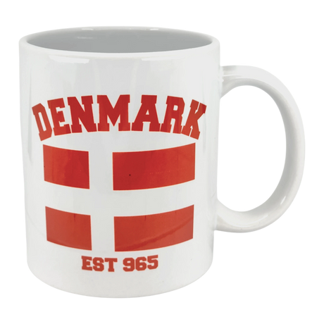 Enjoy your coffee in the Swedish Gift Store’s Mug: Established Series Denmark Flag Mug (11 oz), featuring "DENMARK" above the red and white cross and "EST 965" below, honoring rich Scandinavian heritage.