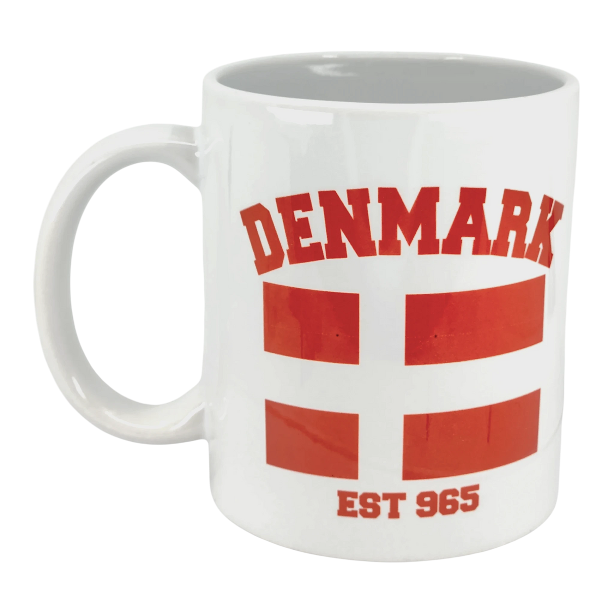 The Swedish Gift Store’s 11 oz Mug: Established Series Denmark Flag Mug features bold red “DENMARK,” two Danish flags with the iconic cross, and “EST 965” below—perfect for celebrating Scandinavian history.