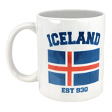 The Swedish Gift Store’s 11 oz Established Series Iceland Flag Mug features "ICELAND" in blue above the flag and "EST 930" below—perfect for fans of Scandinavian style.