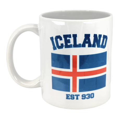 The Swedish Gift Store’s 11 oz Established Series Iceland Flag Mug features "ICELAND" in blue above the flag and "EST 930" below—perfect for fans of Scandinavian style.