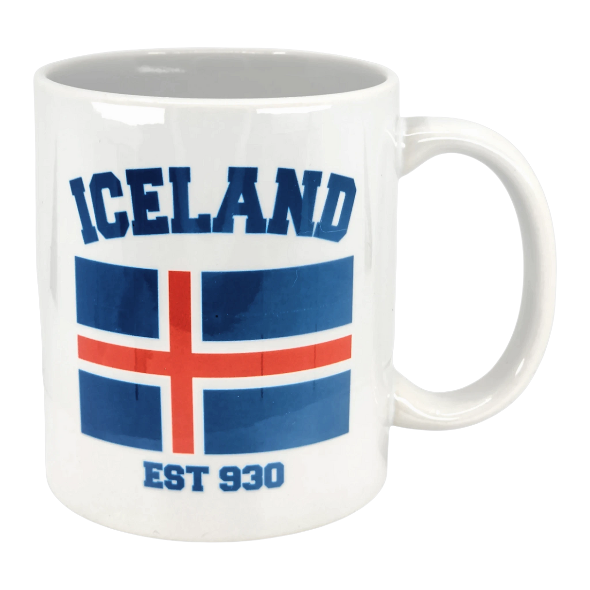 The 11 oz Established Series Iceland Flag Mug by Swedish Gift Store showcases the Icelandic flag with “ICELAND” in bold blue above and “EST 930” below—a stylish Scandinavian mug for Nordic fans.