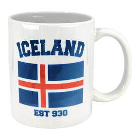 The 11 oz Established Series Iceland Flag Mug by Swedish Gift Store showcases the Icelandic flag with “ICELAND” in bold blue above and “EST 930” below—a stylish Scandinavian mug for Nordic fans.
