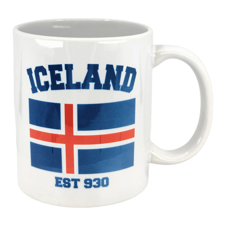 The 11 oz Established Series Iceland Flag Mug by Swedish Gift Store showcases the Icelandic flag with “ICELAND” in bold blue above and “EST 930” below—a stylish Scandinavian mug for Nordic fans.