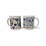Set of two 11oz white ceramic mugs by Swedish Gift Store: one with teapots, cups, cookies & flowers; the other features “Fika — En Svensk Tradition Kaffepaus” with pastries & hearts—perfect for celebrating Swedish coffee breaks.
