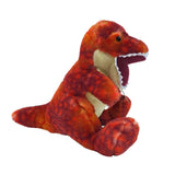 The Plush T-Rex w/ Roaring Sound is an orange stuffed dinosaur, 9 long from nose to tail, with a red and beige belly, open mouth, and white teeth, sitting upright against a white background.