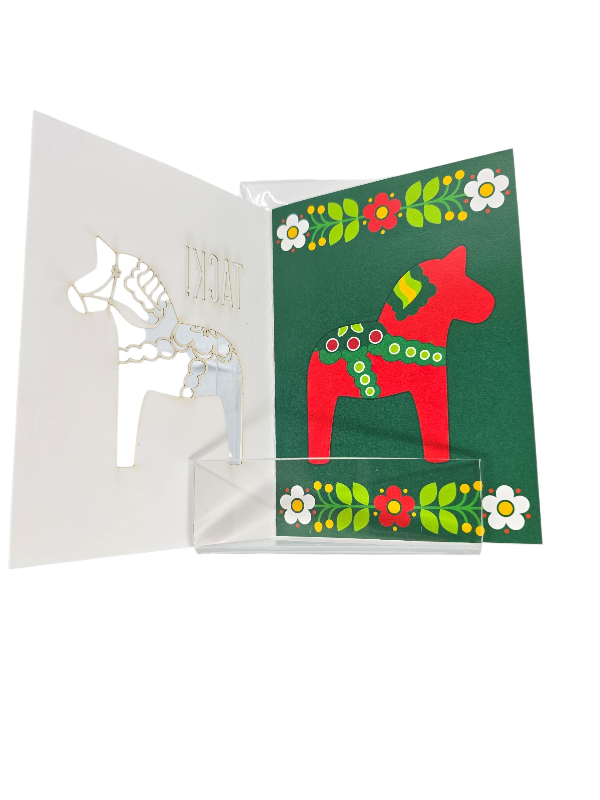 The Card: Tack! White Card with a Laser Cut Out Dala Horse features a 3D white horse on the left and a flat red Dala Horse with floral details—an elegant Swedish Folk-Art card, perfect for sending thanks.