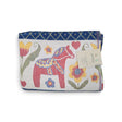 Folded woven blanket with a red Dala horse, colorful flowers, and a blue diamond border.
