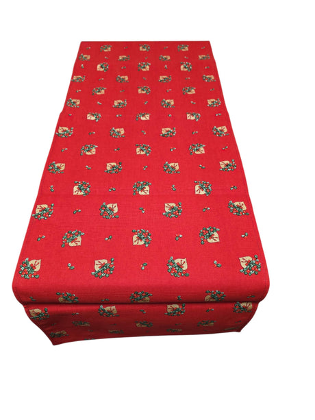 A rectangular box covered with red fabric printed with heart-shaped baskets of lingonberries, inspired by the Swedish "Table Runner: Lingon Hearts Red Runner with Lingonberries in a Heart Shaped Basket 48" Long.