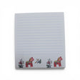 The Swallings Dala Horse Note Pad (3.76"w x 4"h) features blue lines on a white background, with two red Swedish Dala horses and vibrant floral designs at the bottom. Made in Sweden.