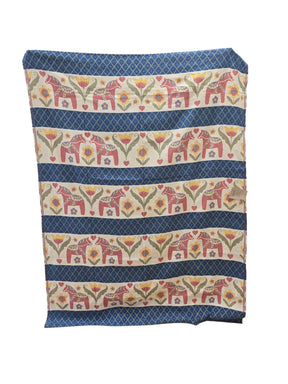 The Dala Horse 100% Cotton Woven Blanket by Ekelund of Sweden (55"x75") features horizontal stripes, playful red horses, yellow floral designs, and a blue geometric border in classic Swedish style.