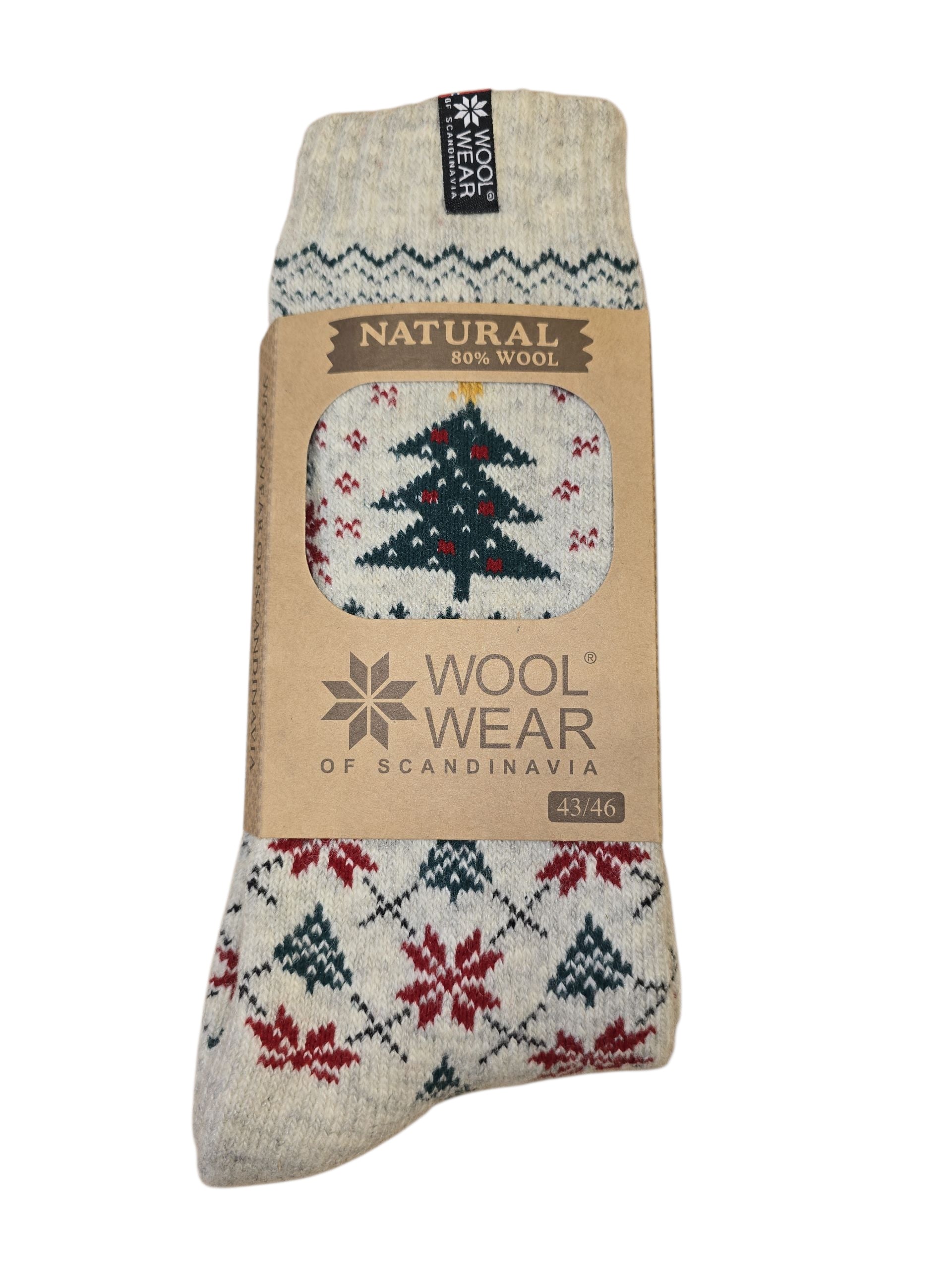 A pair of Socks: Wool Wear - Natural 80% Wool Christmas Tree Norwegian Flag Socks, size 43/46, featuring a red and green winter pattern with Christmas tree design, in eco-friendly packaging.