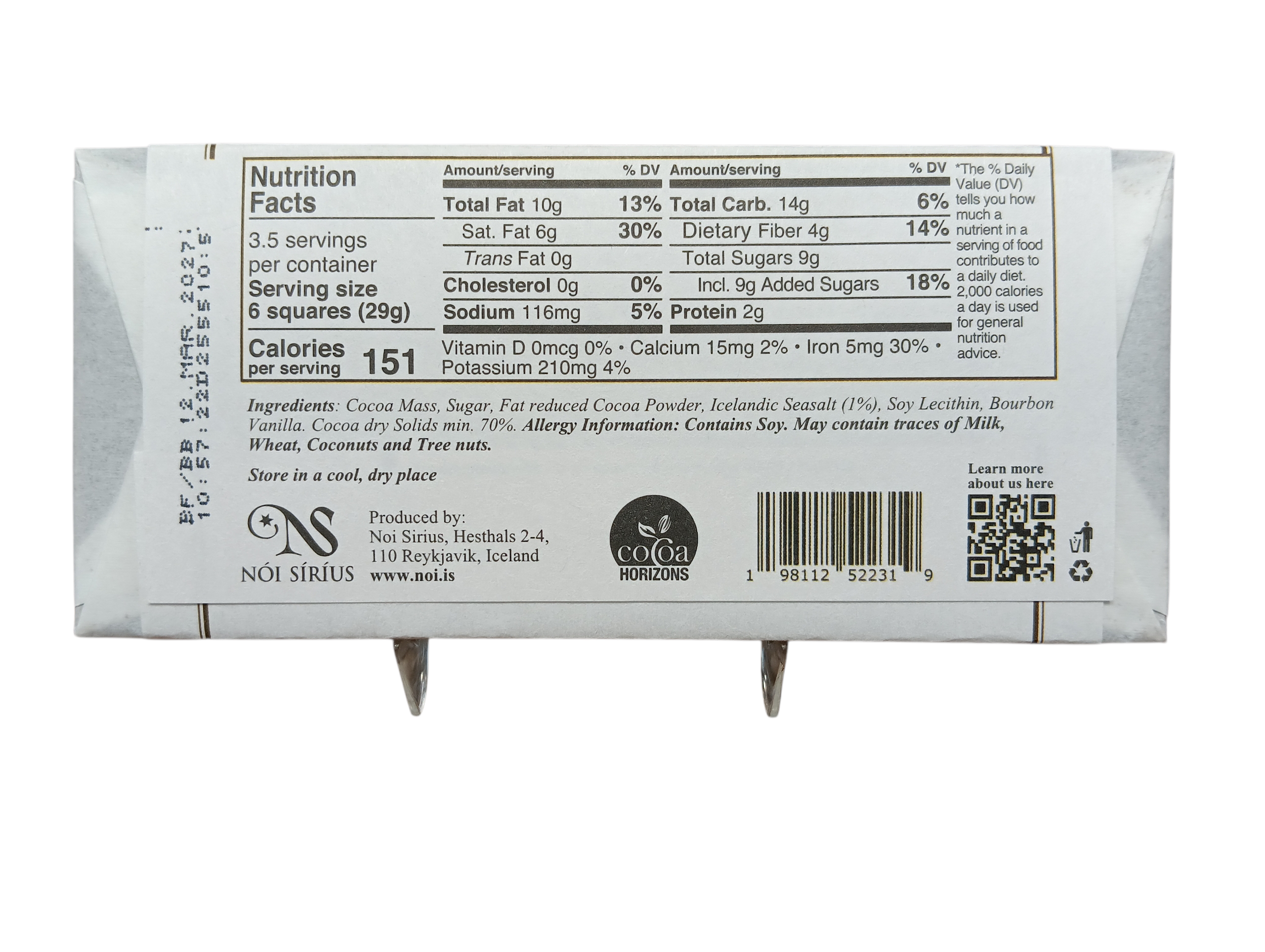 The back of a Sirius Icelandic Chocolate 70% Dark Chocolate with Sea Salt (100g) bar displays nutrition facts, ingredients, barcode, and manufacturer details on a white background.