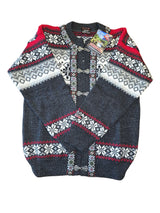 The Norwool Classic Norwegian Cardigan in dark gray, made from 100% pure wool, features red, white, and gray Selbu Star patterns, clasp closures, and a collar tag. It is displayed flat against a white background.