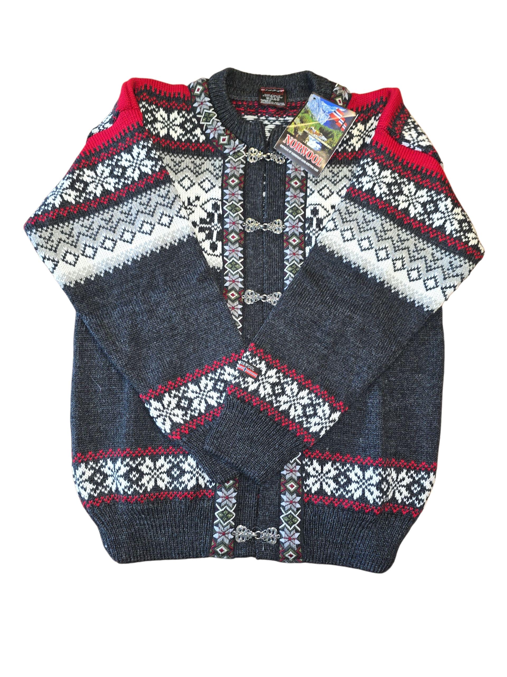 The Norwool Classic Norwegian Cardigan in dark gray, made from 100% pure wool, features red, white, and gray Selbu Star patterns, clasp closures, and a collar tag. It is displayed flat against a white background.