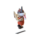 Viking woman gnome figurine wearing a horned helmet and holding a wooden rolling pin.