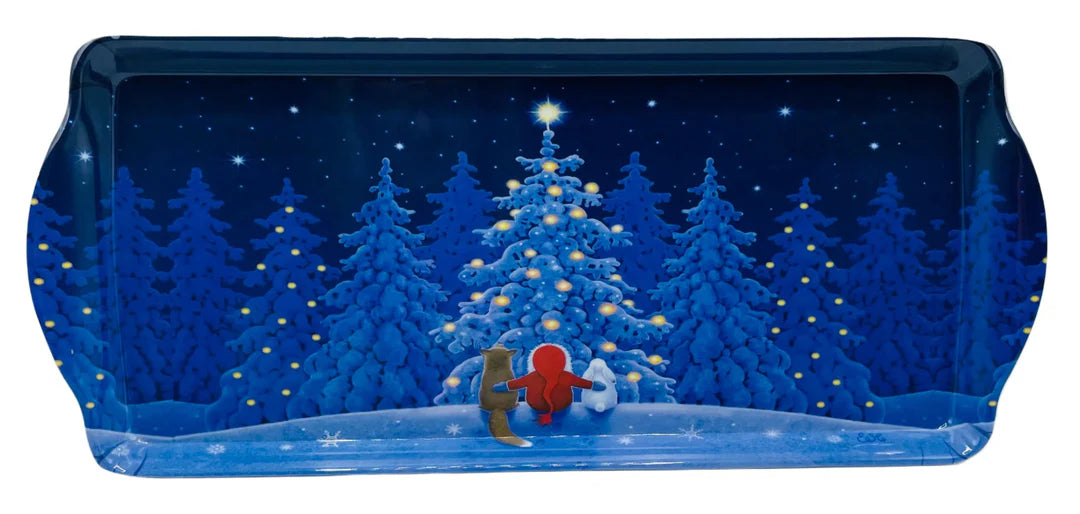 A melamine Almond Cake Serving Tray featuring Eva Melhuish’s Tomte with a fox and rabbit in a snowy night scene, perfect for serving treats with Scandinavian charm.