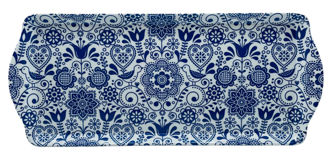 The Tray: Almond Cake Serving Tray Blue Folk Art Birds & Flowers features blue and white bird and floral patterns in a symmetrical Scandinavian folk art style on durable melamine.