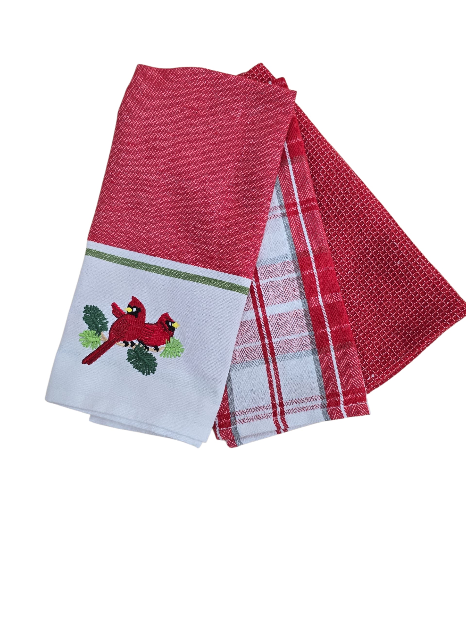 The Tea Towel: Cardinal Set of 3 Various Towels includes one towel with an embroidered cardinal and two with plaid and textured patterns, making them ideal for holiday kitchen use or Christmas decor.