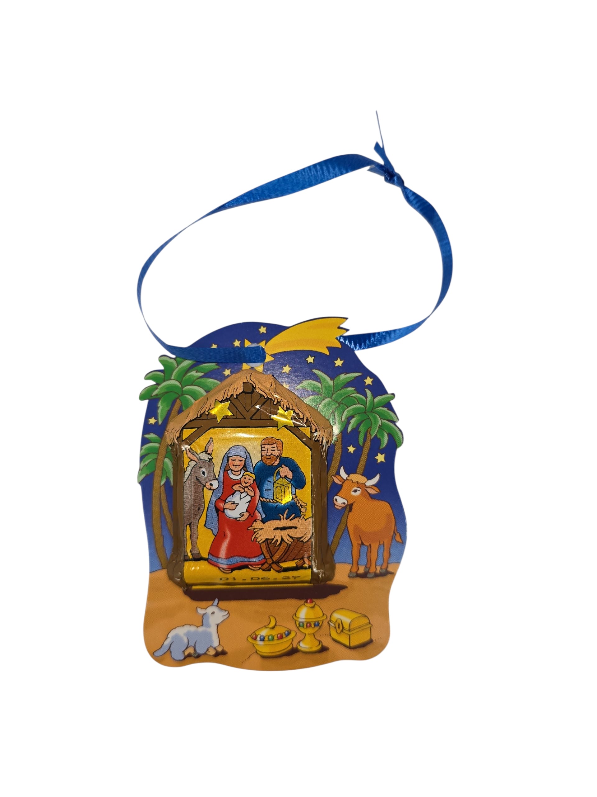 The Candy: Milk Chocolate Bethlehem Scene Christmas Tree Ornament (.44 oz) by Storz features a festive manger scene and comes ready to hang on your tree.