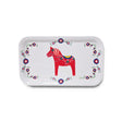 White rectangular melamine tray with a red Swedish Dala horse in the center and a floral border.