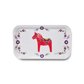 White rectangular melamine tray with a red Swedish Dala horse in the center and a floral border.