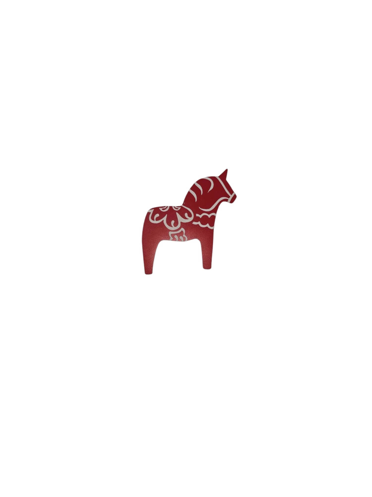 The Magnet: Red Dala Horse with White Kurbits 2 Tall features intricate white kurbits patterns on a vibrant red surface, shown against a plain white background.