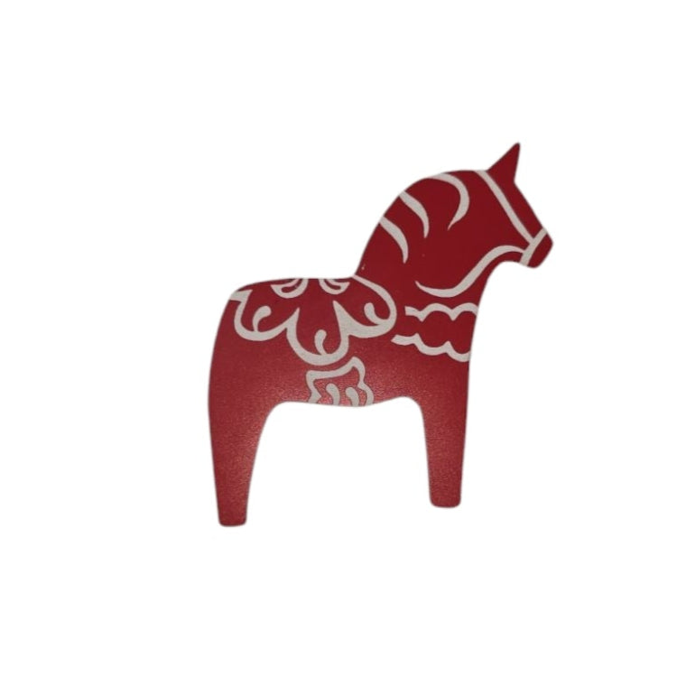 The Magnet: Red Dala Horse with White Kurbits 2 Tall features intricate white kurbits patterns on a vibrant red surface, shown against a plain white background.