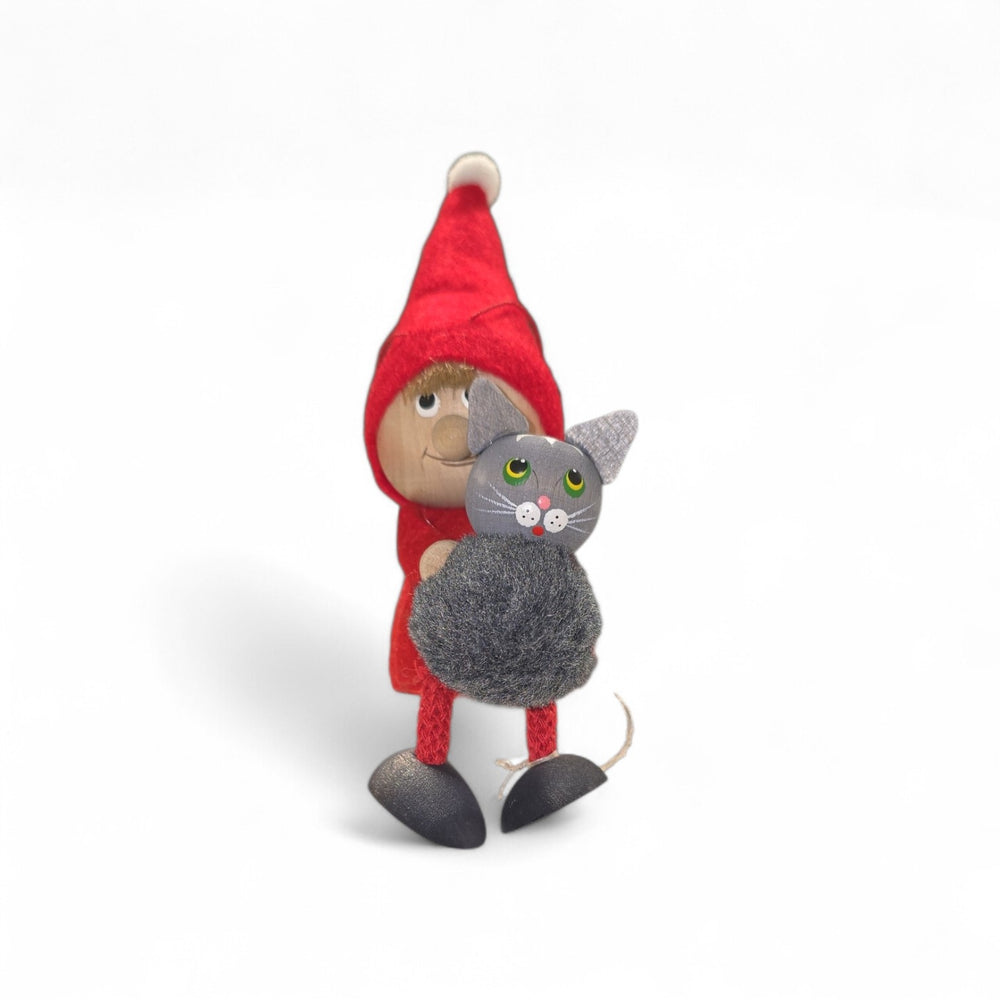 Figurine: Tomte Girl or Boy with Cat 4" Tall Seated Handcrafted in Scandinavia