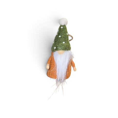 Felted wool tomte ornament with a long white beard, orange coat, and green hat featuring white dots and a pom-pom.