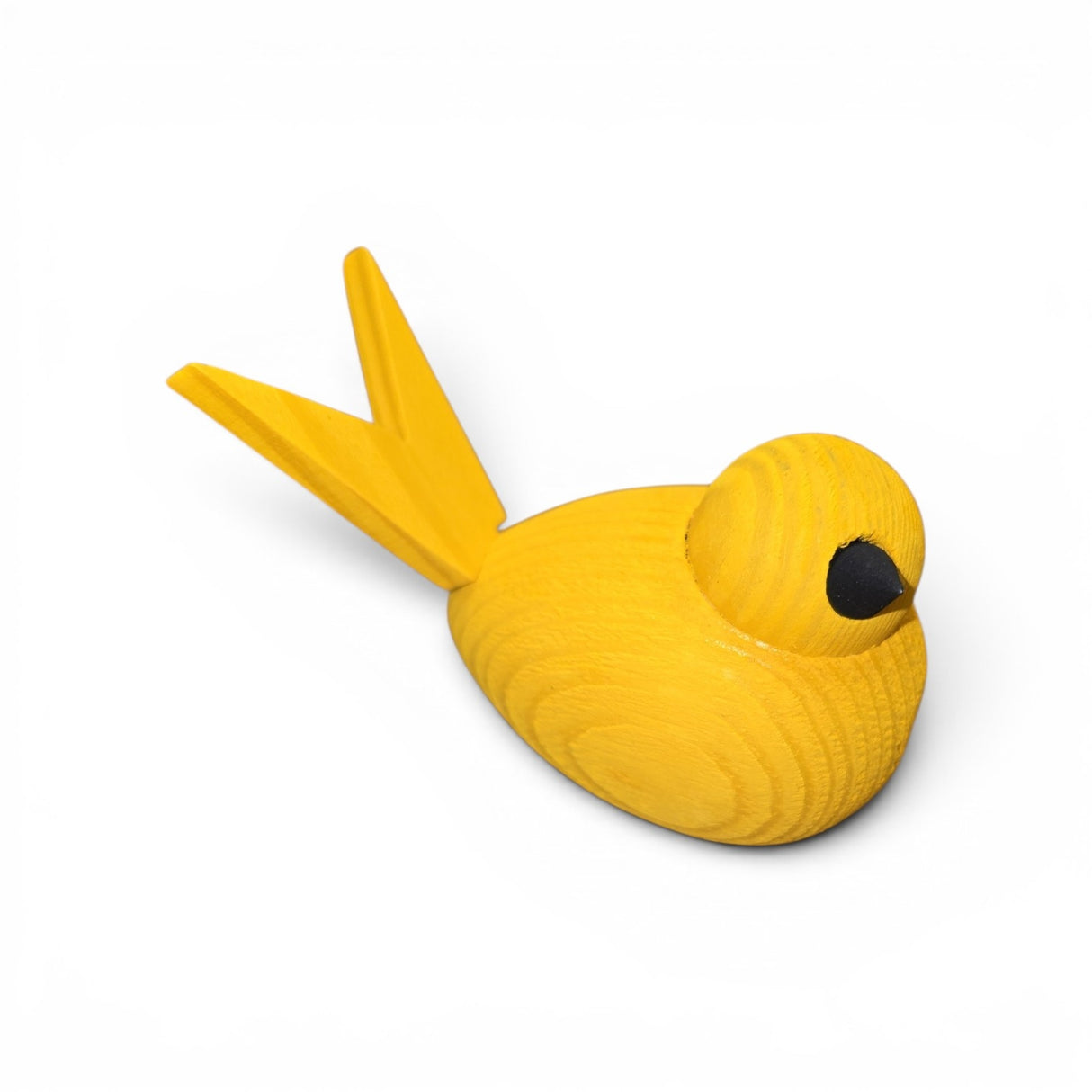 The Bergquist Imports Figurine: Wooden Scandi Birds, a 3" handcrafted yellow bird with a rounded body and black beak, highlights Swedish craftsmanship and style against a white background.