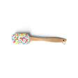 Silicone spatula with a wooden handle and a white head featuring a colorful Swedish Dala horse and floral pattern.