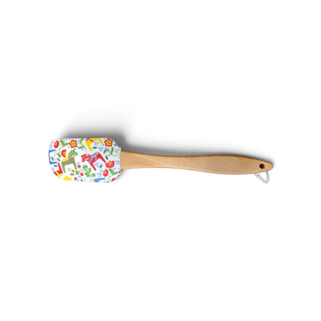 Silicone spatula with a wooden handle and a white head featuring a colorful Swedish Dala horse and floral pattern.