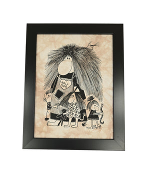 Framed batik artwork titled "Troll Mor (Norwegian Troll Mom)," featuring four cartoon trolls—including one with a "Trol Mor" sign—on beige, in an 11x14 black frame, inspired by Heidi Lange and classic Troll Mor art.