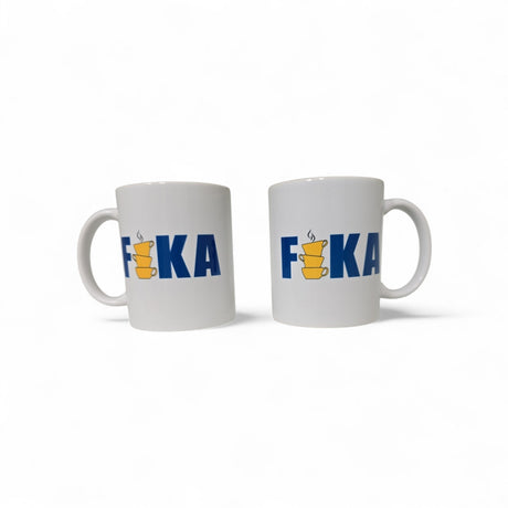 Mug: Stacked "FIKA" in Blue with Yellow Stacked Coffee Cups (11oz)