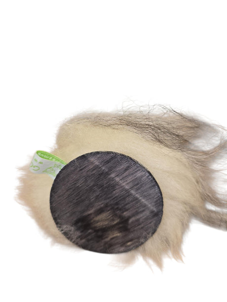 A round, furry gnome with a dark wood base and green tag, set against white—a handcrafted “Patch Tomte” by Gumselids of Sweden (7" to tip of hat) that’s perfect for sheep wool decor or as a Swedish Tomte-inspired accent.