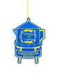 A blue and yellow laser-engraved wood ornament shaped like the Lindstrom Coffee Pot Water Tower features "Valkommen till Lindstrom" and "Lindstrom Minnesota," and includes a yellow hanging string.
