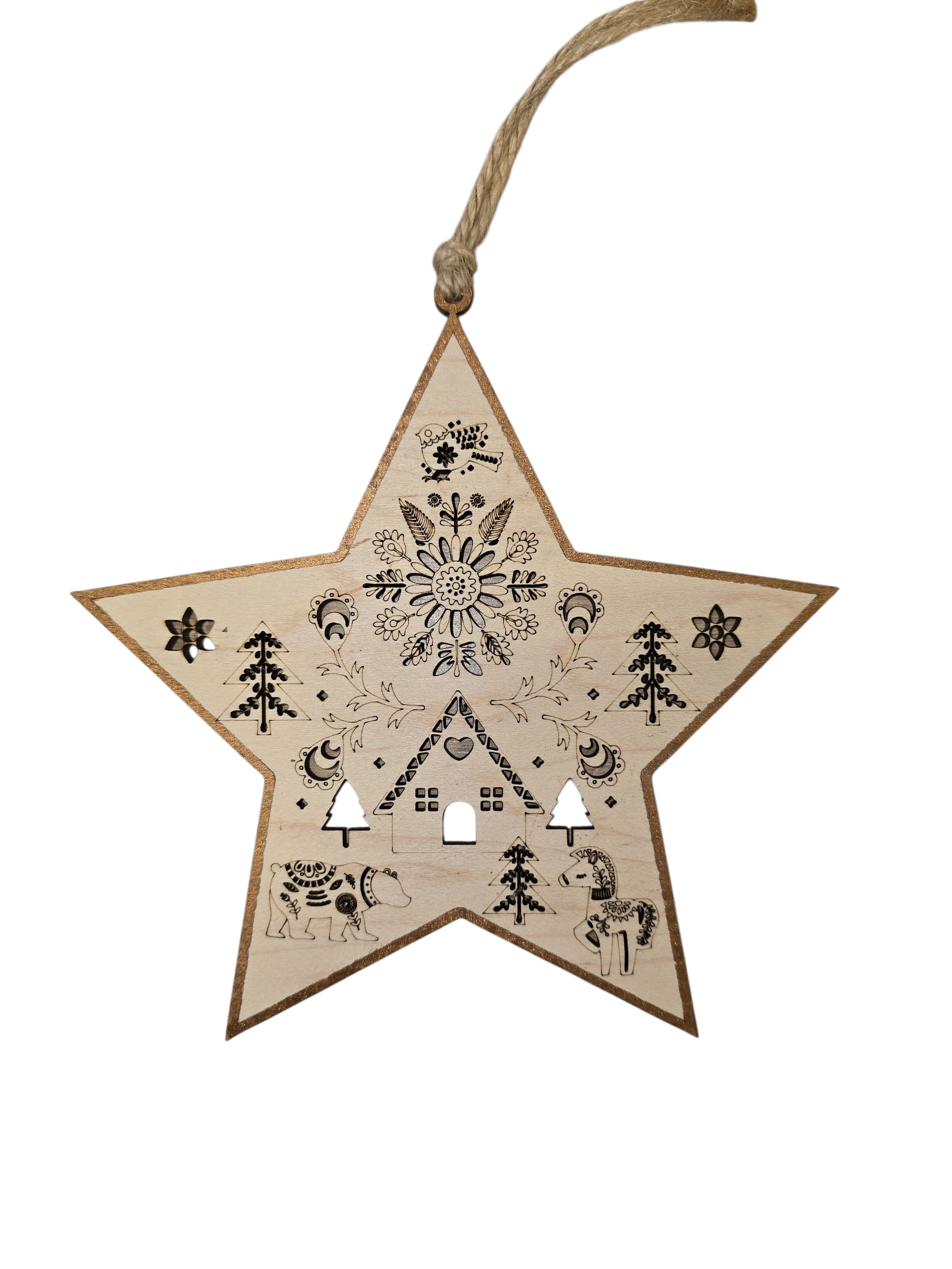 The Ornament: Swedish Laser Cut Star is a 6"x6" birch wood Christmas tree ornament with black folk art designs featuring a Dala horse, house, trees, pig, and floral patterns. Includes twine loop for hanging; perfect for festive décor.