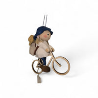 Figurine: Tomte Girl on Bike with Backpack 4.5" Tall with Hanging String Handcrafted in Scandinavia