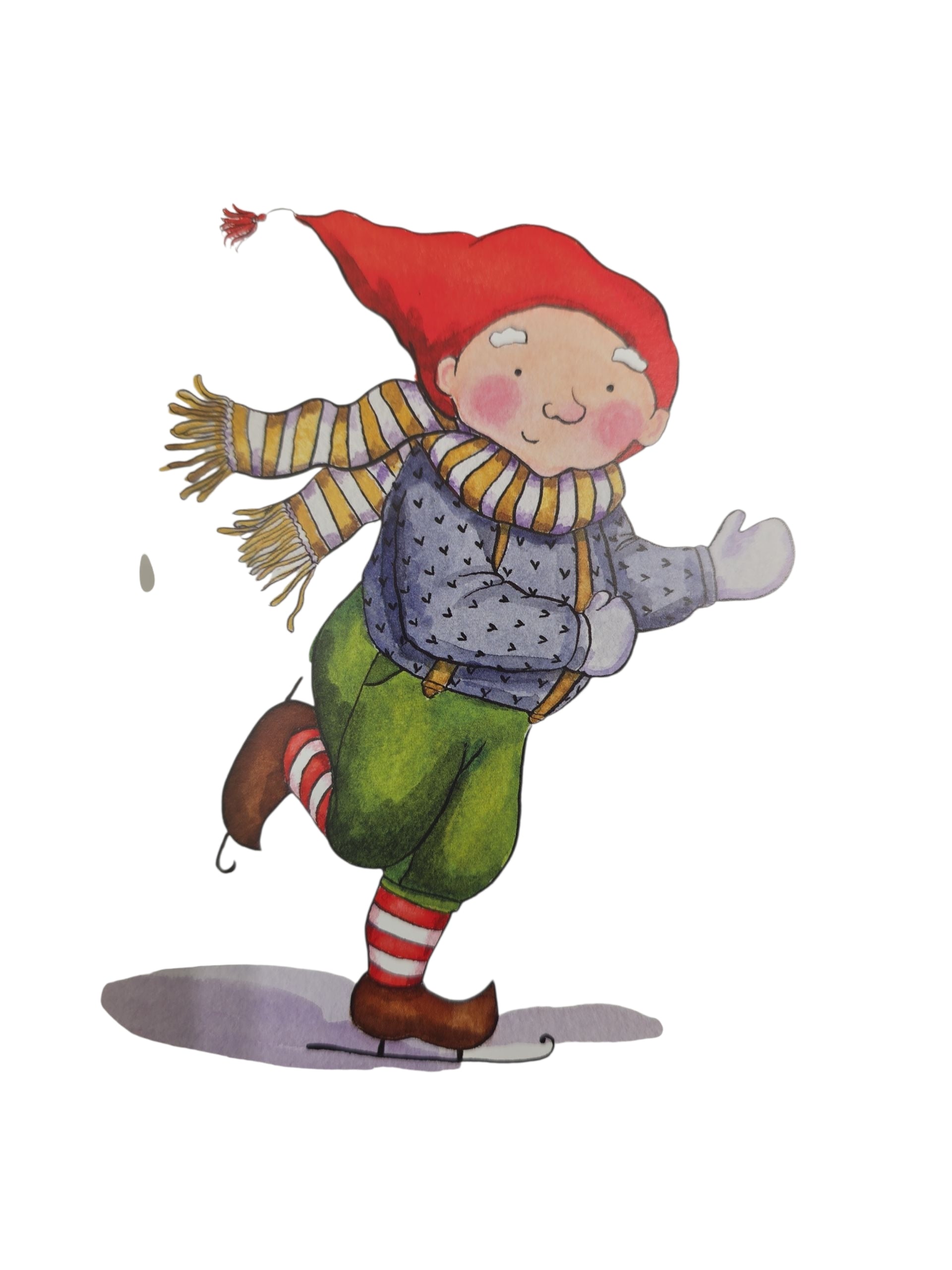 Charming illustration of a child in a red hat and green pants ice skating with a smile, as seen on the Card Pack: Christmas Cards by Kirsten Sevig (Pack of 8 in card box with envelopes).
