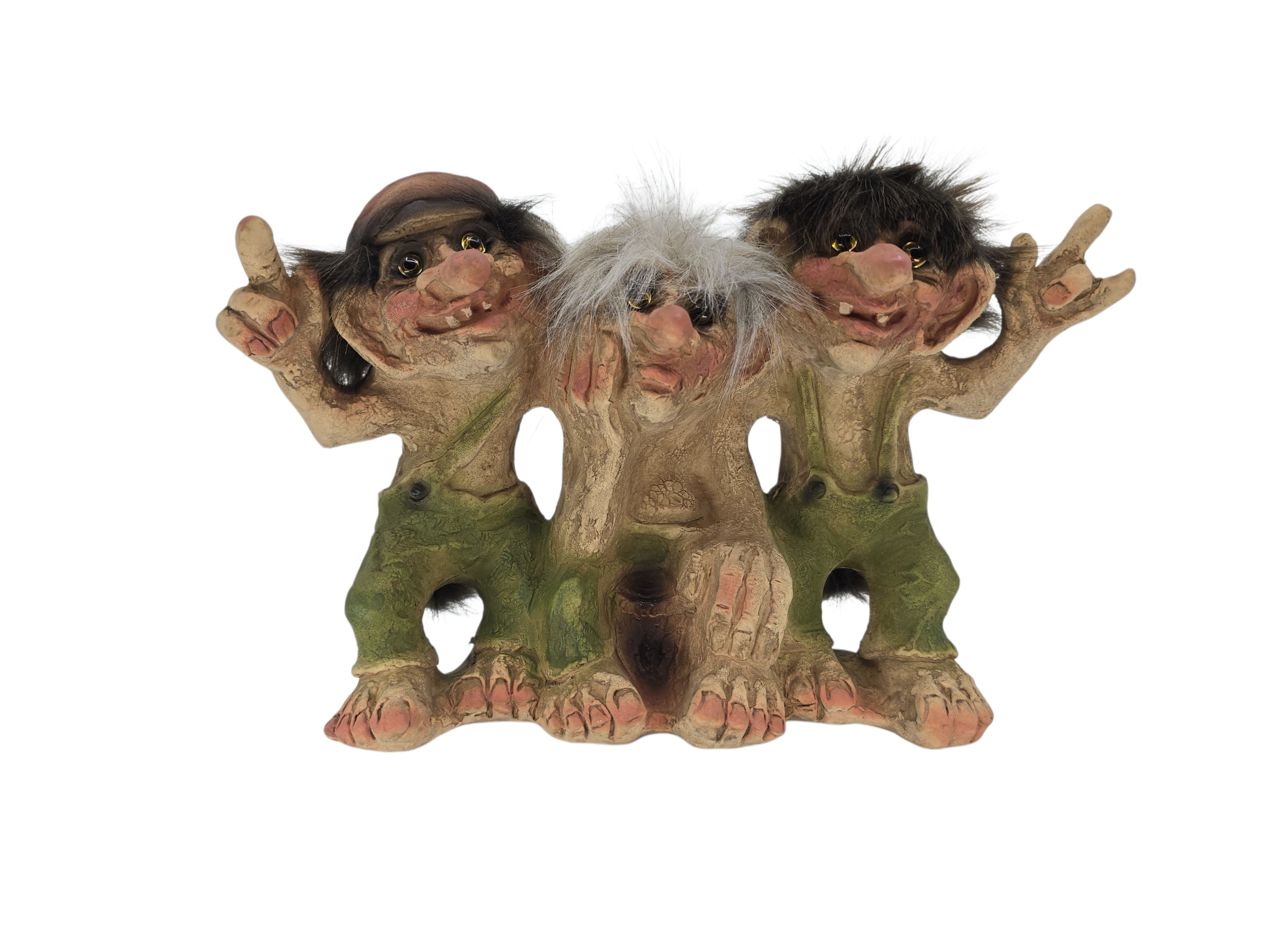 The “Three Pals” NyForm troll figurine (6.8" H × 11" L × 4" D) features three trolls with shaggy hair and green pants, each with a unique hand gesture—a charming Norwegian collectible for enthusiasts.