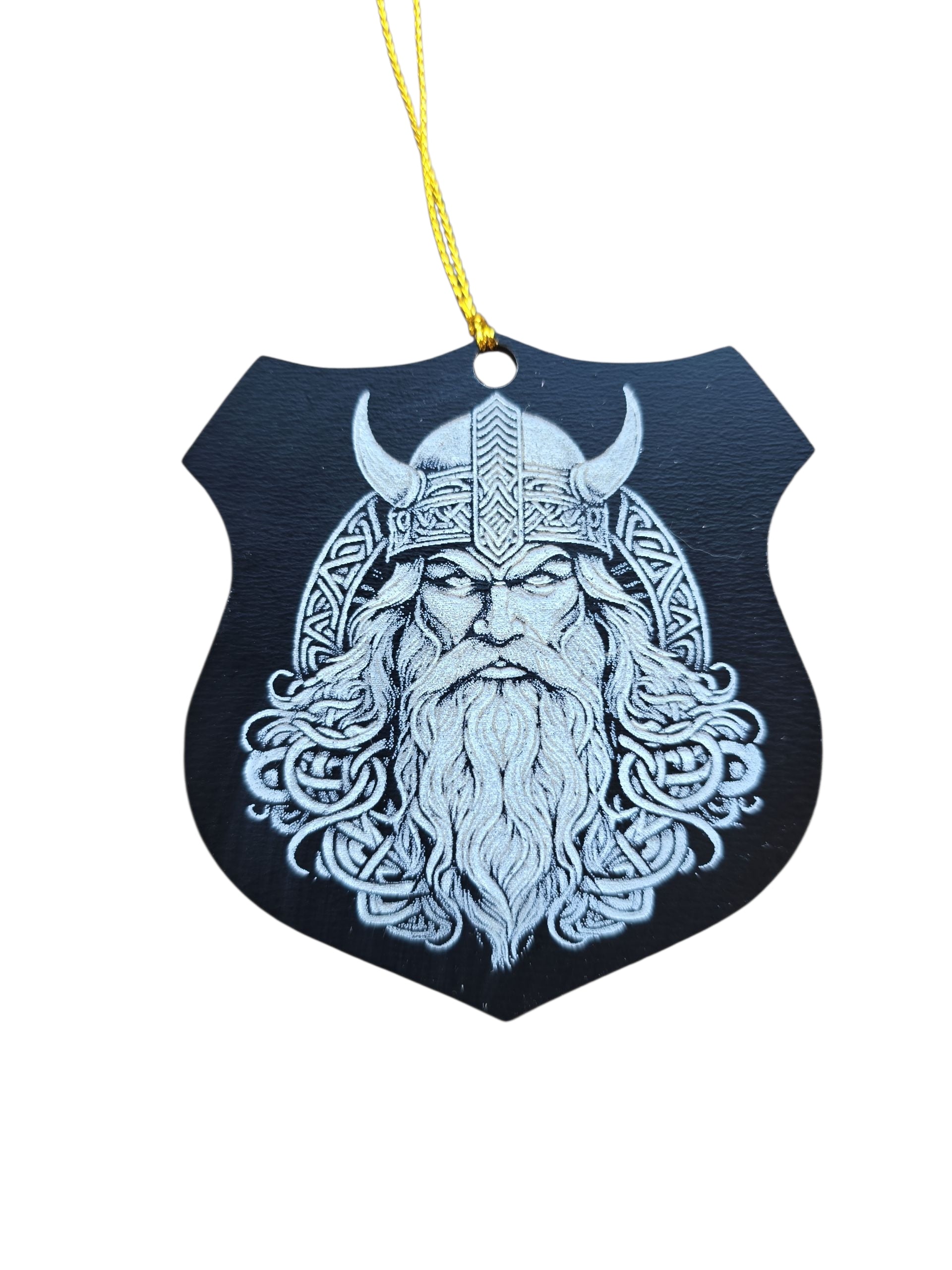 The Ornament: Warrior, Viking Head - Celtic Viking Symbol Slate Christmas Tree Ornament features a bearded Viking with a horned helmet and Celtic knotwork, shield-shaped and hung by a yellow string.